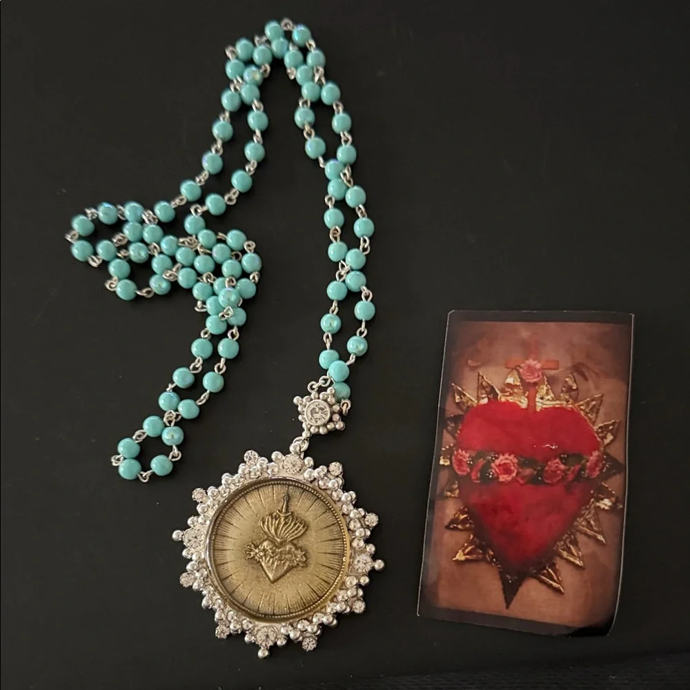 VSA CLOISTER SACRED HEART NECKLACE 4MM TURQUOISE BEADS - NWT - Picture 8 of 12